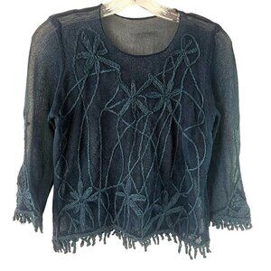 Italian Sheer Embroidered Knit Top 3/4 Sleeve Nylon Rayon Fringed Women S/M Teal